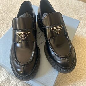 Prada Black Patent Leather Triangle Logo Loafers